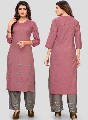 Pink & Grey Embroidered Rayon Stitched Straight Women's Kurta With Palazzo Set 6
