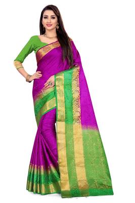 Green printed art silk saree with blouse 1