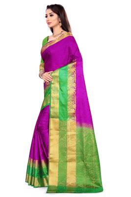 Green printed art silk saree with blouse 2
