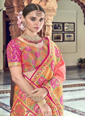 Peach woven patola saree with blouse 3