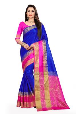 Blue printed art silk saree with blouse 1