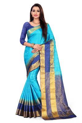 Dark sky blue printed art silk saree with blouse 1