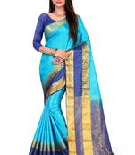 Dark sky blue printed art silk saree with blouse