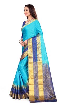 Dark sky blue printed art silk saree with blouse 2