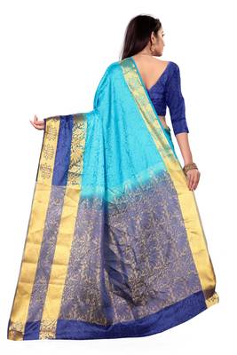 Dark sky blue printed art silk saree with blouse 3