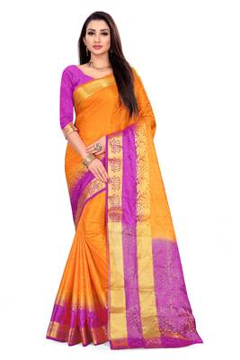 Orange printed art silk saree with blouse 1