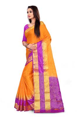 Orange printed art silk saree with blouse 2
