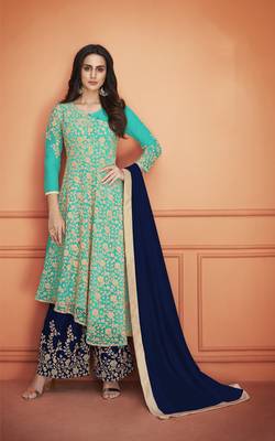 Turquoise embroidered net salwar 1