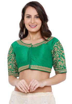 Women's Green Cotton Silk Readymade Free Size Saree Blouse 1