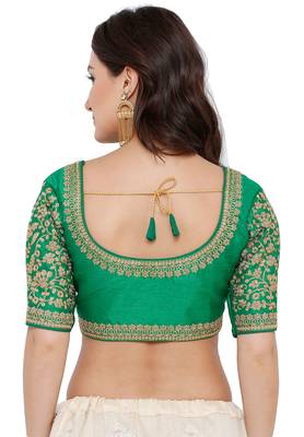 Women's Green Cotton Silk Readymade Free Size Saree Blouse 2