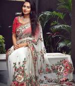 White embroidered georgette saree with blouse