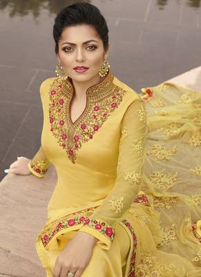 Yellow Embroidered Satin Semi Stitched Salwar With Dupatta 1