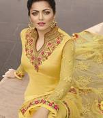 Yellow Embroidered Satin Semi Stitched Salwar With Dupatta