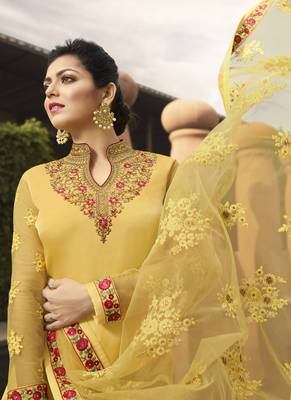 Yellow Embroidered Satin Semi Stitched Salwar With Dupatta 2