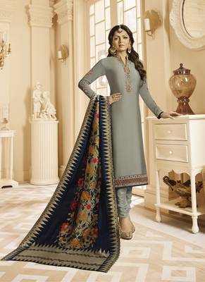 Grey Embroidered Satin Semi Stitched Salwar With Dupatta 1