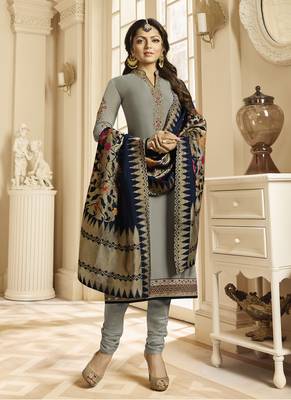 Grey Embroidered Satin Semi Stitched Salwar With Dupatta 2