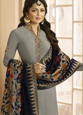 Grey Embroidered Satin Semi Stitched Salwar With Dupatta 3