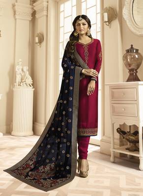 Maroon embroidered satin semi stitched salwar with dupatta 1