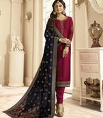 Maroon embroidered satin semi stitched salwar with dupatta