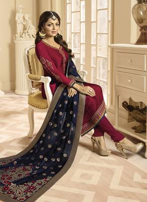 Maroon embroidered satin semi stitched salwar with dupatta 2
