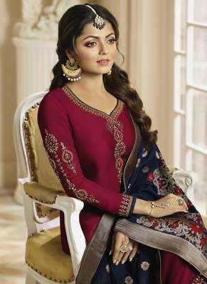 Maroon embroidered satin semi stitched salwar with dupatta 3
