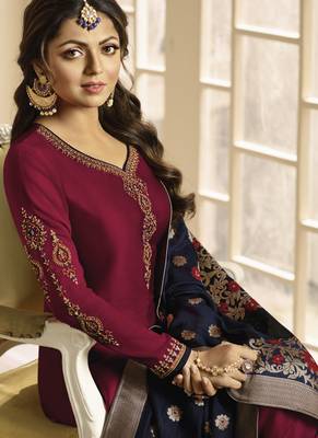 Maroon embroidered satin semi stitched salwar with dupatta 4