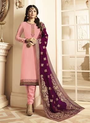 Pink Embroidered Satin Semi Stitched Salwar With Dupatta 1