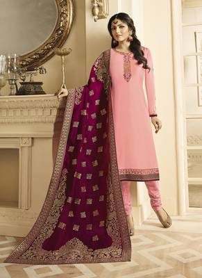 Pink Embroidered Satin Semi Stitched Salwar With Dupatta 2