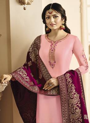 Pink Embroidered Satin Semi Stitched Salwar With Dupatta 3