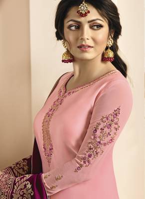 Pink Embroidered Satin Semi Stitched Salwar With Dupatta 4