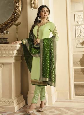 Green Embroidered Satin Semi Stitched Salwar With Dupatta 1