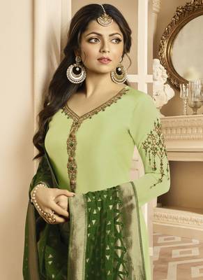 Green Embroidered Satin Semi Stitched Salwar With Dupatta 2