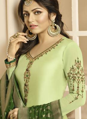 Green Embroidered Satin Semi Stitched Salwar With Dupatta 3