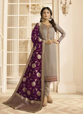 Grey embroidered satin semi stitched salwar with dupatta 1