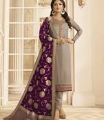 Grey embroidered satin semi stitched salwar with dupatta