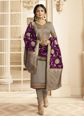 Grey embroidered satin semi stitched salwar with dupatta 2