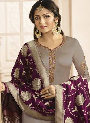 Grey embroidered satin semi stitched salwar with dupatta 3