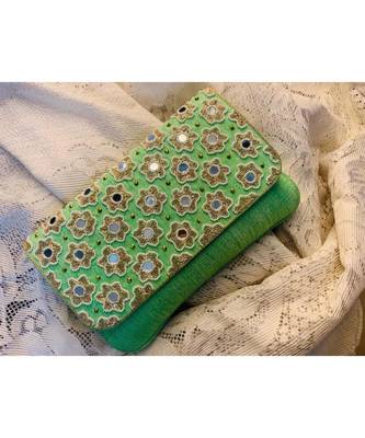 Green Brocade Designer Mirror Clutch 1