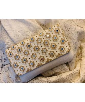 White Brocade Designer Mirror Clutch 1