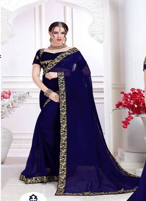 Navy blue embroidered chiffon saree with blouse 1