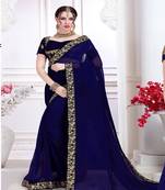 Navy blue embroidered chiffon saree with blouse