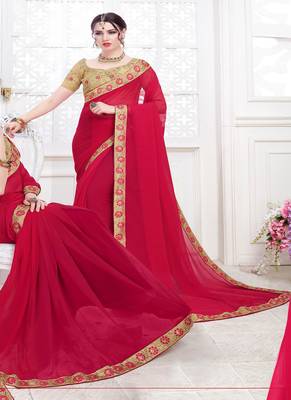 Dark pink embroidered chiffon saree with blouse 1
