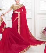 Dark pink embroidered chiffon saree with blouse