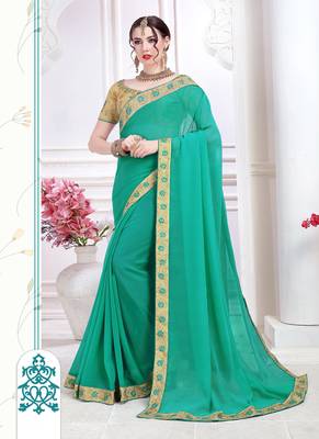 Sea green embroidered chiffon saree with blouse 1