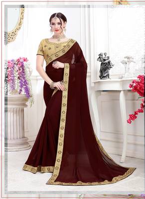 Brown embroidered chiffon saree with blouse 1