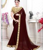 Brown embroidered chiffon saree with blouse