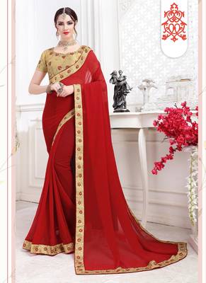 Red embroidered chiffon saree with blouse 1