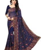 Blue embroidered georgette saree with blouse
