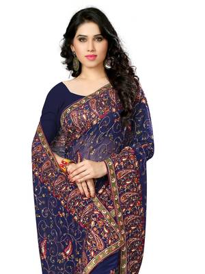 Blue embroidered georgette saree with blouse 2
