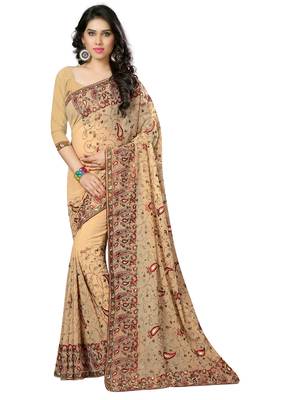Beige embroidered georgette saree with blouse 1